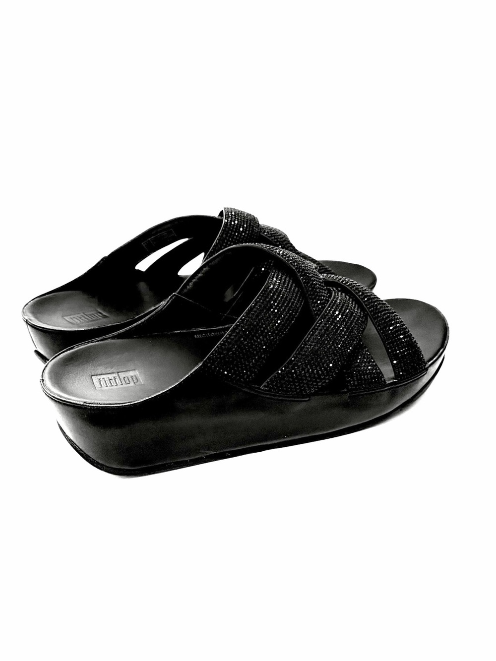 Fitflop Black Lattice Crystal Cross Slides Sandals Mules Size 8 Platform Sparkle